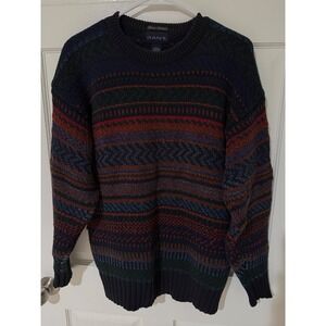 Gant Vintage Hand Framed Fair Isle Cotton Knit Sweater Mens Medium Navy Cotton